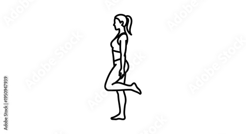 Woman doing single leg squat, fitness exercise, isolated on white background, line art