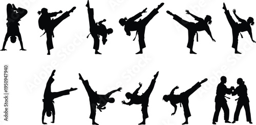 Martial arts silhouettes set featuring karate fighters performing high kicks, handstands, defensive poses, and sparring training for combat sports design.