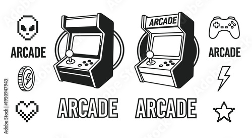 Pixel Art Arcade Game Machine Icon Set, Retro Gaming Vector Graphics