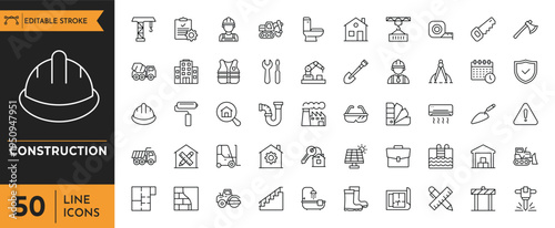 Construction outline icon set. Editable stroke. Vector illustration