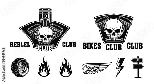 Biker Club Logos with Skulls, Engines, and Wheels - Black and White Vector Art