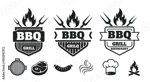 Black and White BBQ Grill Restaurant Emblems and Icons Set