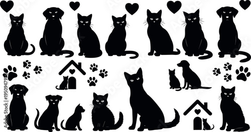 Cat and dog silhouette icons with hearts paw prints and pet house symbols cute domestic animals vector illustration set