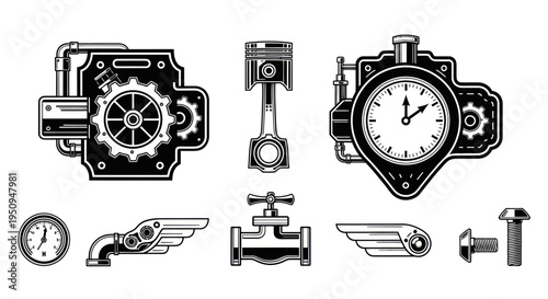 Steampunk Mechanical Elements Vector Icons: Gears, Clock, Piston, Valve, Bolts