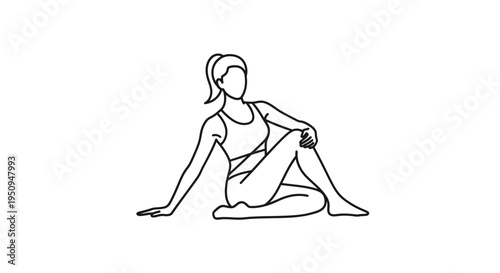 Woman doing yoga seated spinal twist pose, line art illustration
