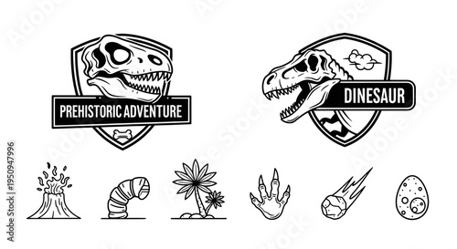 Dinosaur Skeleton Logos and Icons - Prehistoric Adventure, Black and White Line Art