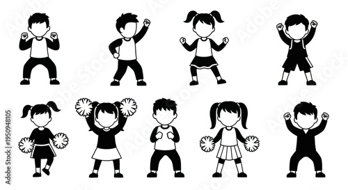 Black and White Vector Icons of Cheering Children, Stock Illustration
