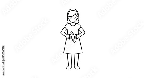 Woman holding stomach in pain, digestive issues, abdominal discomfort, stomach ache illustration