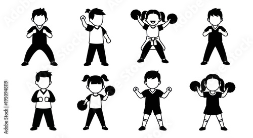 Black and white kids doing exercises and sports icons