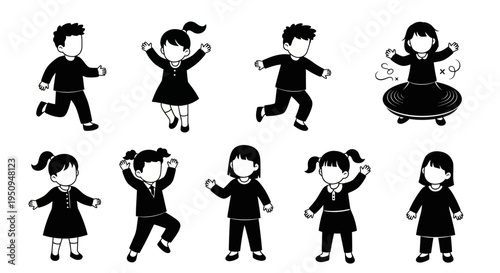 Black  White Kids Vector Icons: Happy Children Playful Poses