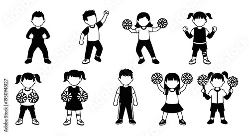Cheerful Kids Vector Art - Children Posing with Pom Poms, Black and White Icons