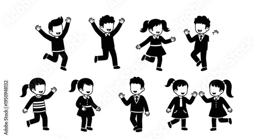 Children in School Uniforms Jumping and Waving, Black and White Line Art