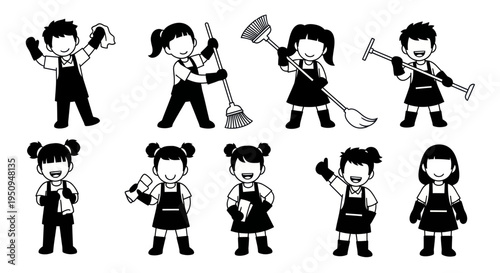 Black and White Kids Cleaning with Mops and Brooms Vector Icons