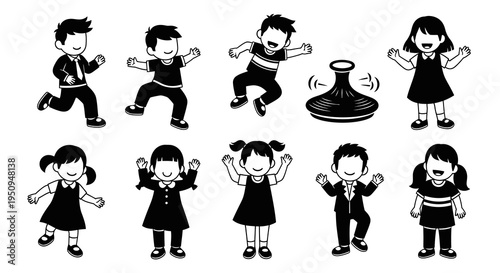 Black and White Line Art Kids Running and Jumping in School Uniforms