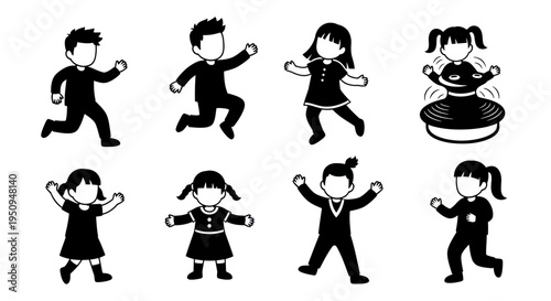 Black and White Vector Icons of Children Playing and Running