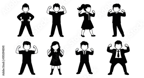 Black  White Icons of Children and Adults Flexing Muscles