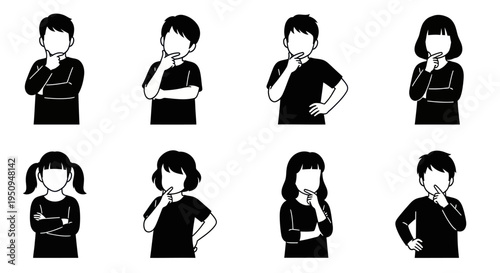 Black and White Icons of Thinking Children, Boys and Girls, Vector Art