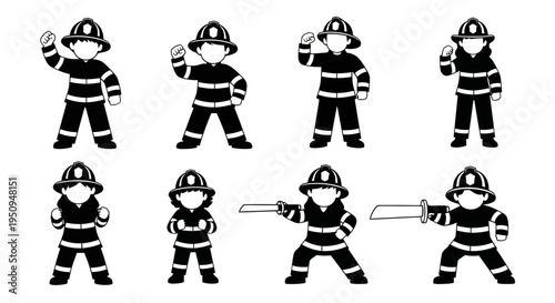Firefighter Icons in Black and White Line Art Style