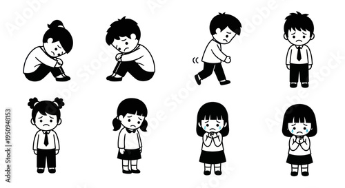 Sad Children Characters Black and White Line Art Vector