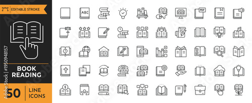 Book Reading Outline icon set. Editable stroke. Vector illustration