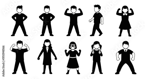Kids Poses Silhouettes: Superhero, Action, Diversity, Vector Icons