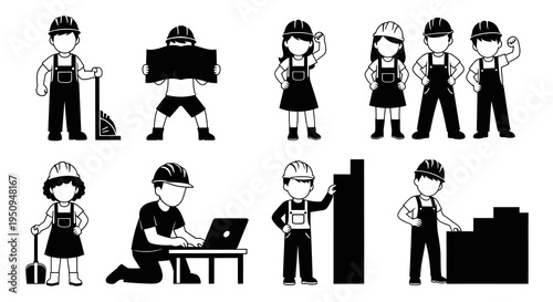 Construction Workers Black And White Line Art Vector Set