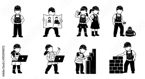 Black and White Children Construction Workers in Different Poses