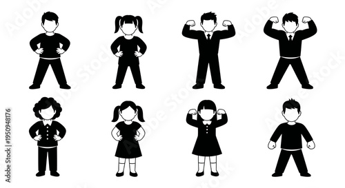 Black and White Icons of Diverse Children and Adults Posing, Showing Strength