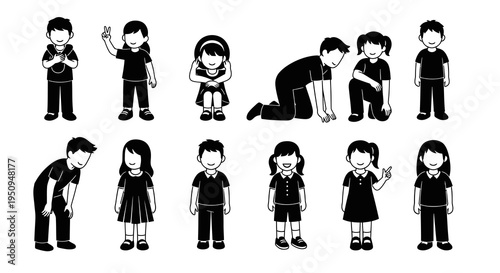Black  White Children Glyph Set: Kids Poses, Activities, Education, Childhood
