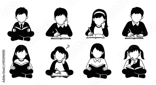Children reading and studying, black and white vector icons of education