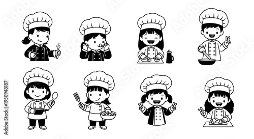 Cute Chefs Kids Line Art Black White Vector - Children Cooking