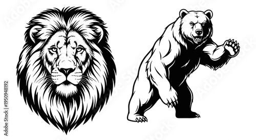 Black and white line art of a lion and bear, vector illustration