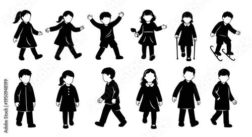 Black and White Silhouette Children Icons, Vector Kids Collection, Flat Design