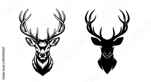 Black and White Deer Head Vector Art, Majestic Stag Illustration, Forest Animal Icon