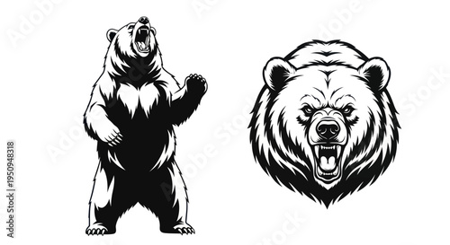 Black  White Vector Bear Roaring, Powerful Animal Symbol, Aggressive Mascot