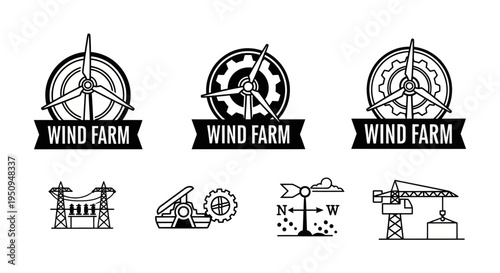 Wind Farm icons: Turbines, electricity, crane, weather vane, construction, line art