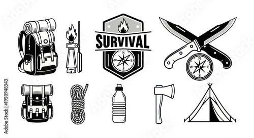 Black and White Survival Gear Icons: Backpack, Compass, Knife, Tent, Axe, Lantern, Rope