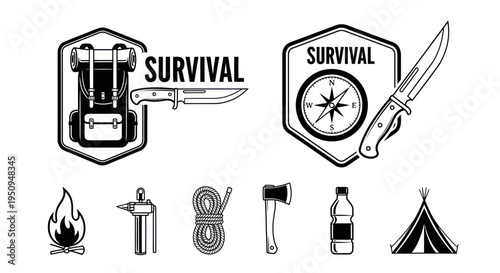 Survival Icons: Backpack, Knife, Compass, Axe, Tent, Fire, Water Bottle, Rope, Torch