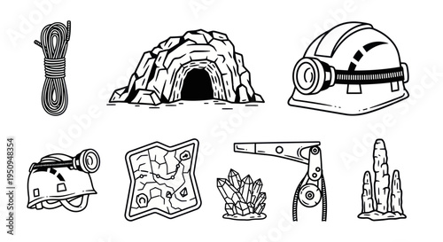 Black and White Line Art Cave Exploration Equipment Icons