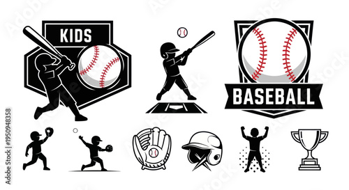 Baseball Kids Sport Icons Set - Black and White Vector Illustrations