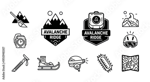Avalanche Safety Gear Icons Set, Mountain Winter Sports Line Art