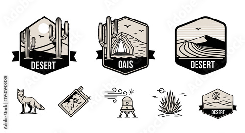 Desert Landscape Logos  Icons: Cacti, Dunes, Fox, Oasis, Space Probe