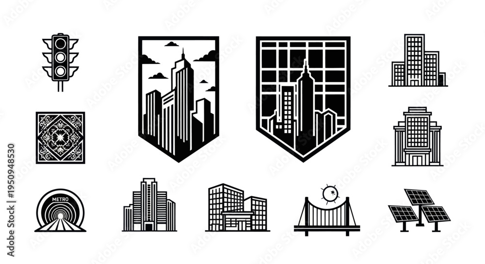 Naklejka premium Cityscape Icons: Buildings, Traffic Light, Bridge, Solar Panels