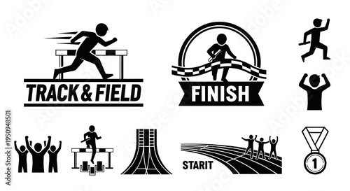 Track and Field Sports Icons Set - Black and White Glyph Art