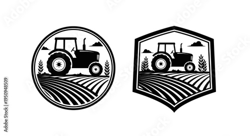 Black  White Tractor Silhouette on Farm Field Vector Icon