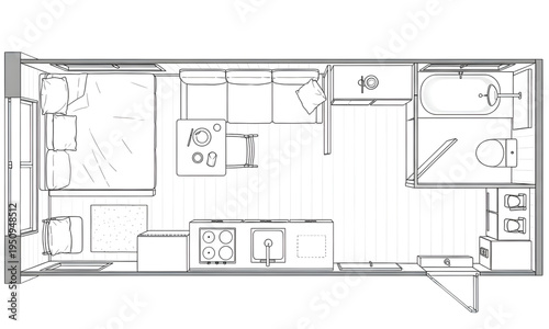 Modern Studio Tiny House Floor Plan,Efficient Interior Layout with Kitchen and Bathroom