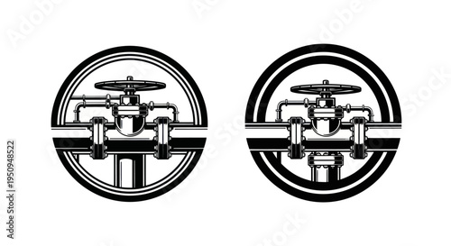 Black and White Industrial Pipe Valve Emblem, Vector Art