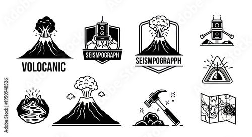 Volcanic eruption seismograph and geology exploration icons, line art