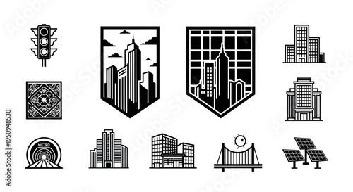 Cityscape Icons: Buildings, Traffic Light, Bridge, Solar Panels