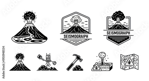 Volcano Icons Set - Line Art for Geology and Seismology